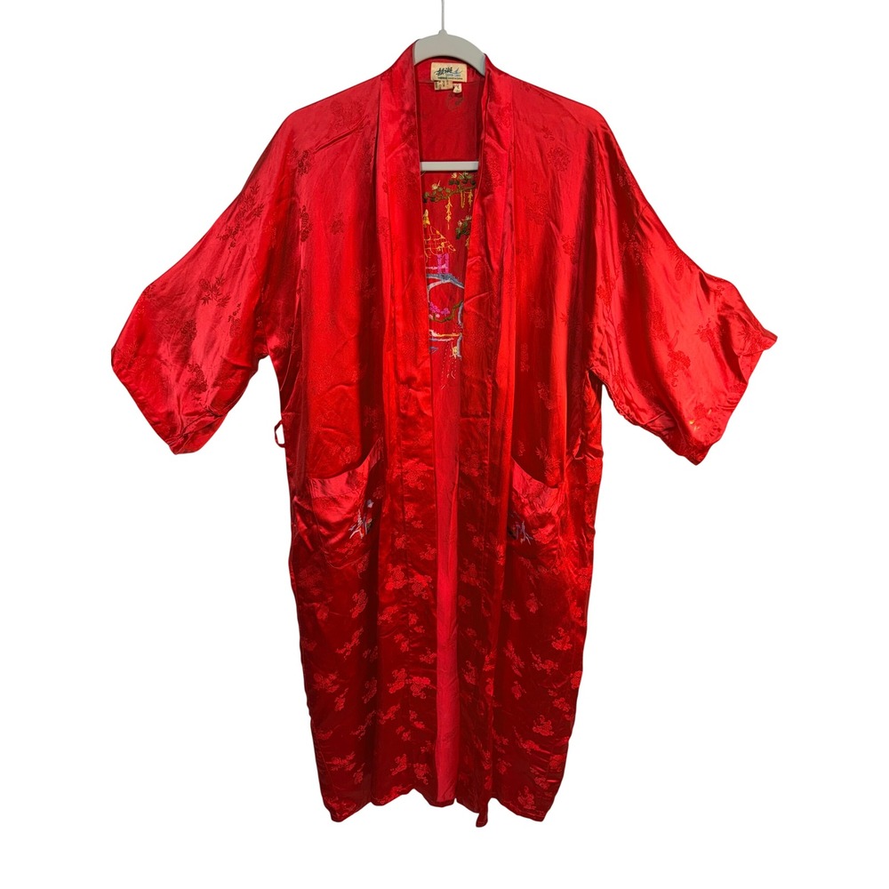 Vintage Silver Lake Robe Embroidered Satin Kimono Loungewear One Size Red